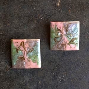 Vtg 80s 90s Shimmery Pink Green Marbled Square Clip On Earrings